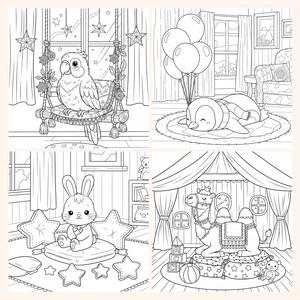 May include: A collection of four black and white illustrations featuring cute animals in cozy settings. Includes a parrot on a swing, a penguin with balloons, a bunny with star pillows, and a camel in a tent.