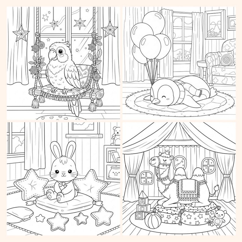 May include: A collection of four black and white illustrations featuring cute animals in cozy settings. Includes a parrot on a swing, a penguin with balloons, a bunny with star pillows, and a camel in a tent.
