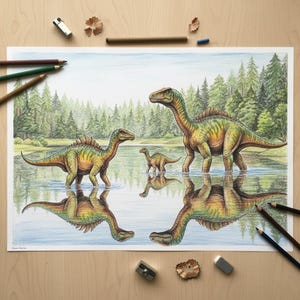 A fully colored illustration of a dinosaur family wading in a forest river with water reflections, placed on a wooden desk with colored pencils and shavings. A beautifully completed page example from the kids' dinosaur coloring book.