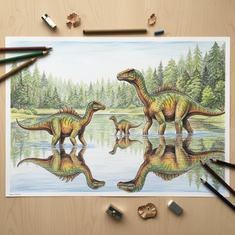 A fully colored illustration of a dinosaur family wading in a forest river with water reflections, placed on a wooden desk with colored pencils and shavings. A beautifully completed page example from the kids' dinosaur coloring book.