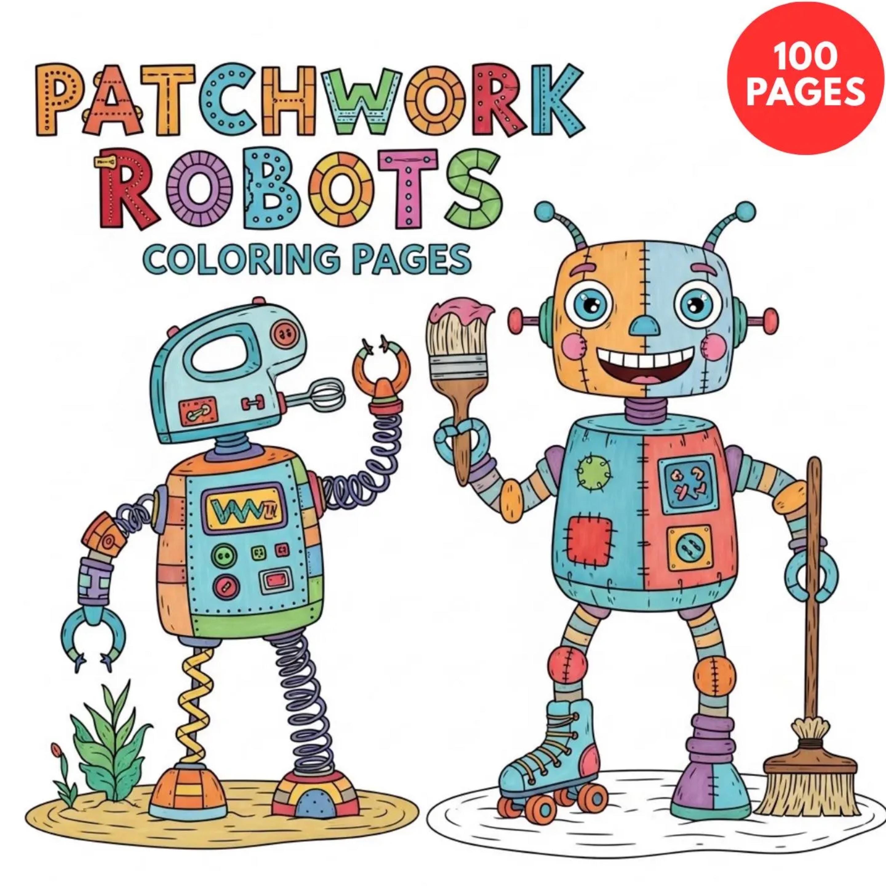 Patchwork Robots Coloring Pages — printable PDF coloring book