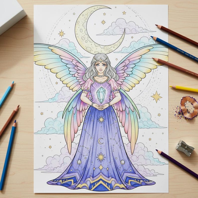 Pu&ograve; includere: Una pagina da colorare dettagliata con una fata celeste con ali arcobaleno, che tiene un cristallo. La fata indossa un abito viola con motivi celesti. Lo sfondo include una luna crescente, stelle e nuvole. Sono visibili matite colorate e un temperamatite.