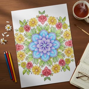 A finished, hand-colored floral mandala with a vibrant blue and purple center, surrounded by red roses and yellow daisies. This peaceful lifestyle shot features the coloring page on a wooden desk next to a warm cup of tea, colored pencils, and a notebook, highlighting the relaxing nature of our 100-page Floral Mandala collection.