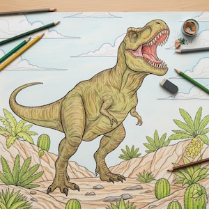 A beautifully colored T-Rex dinosaur roaring in a desert landscape with cacti and clouds. A completed page example from the Jurassic World adventure dinosaur coloring book for kids.