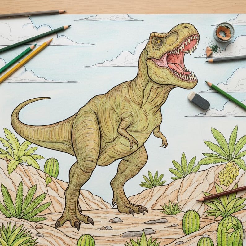 A beautifully colored T-Rex dinosaur roaring in a desert landscape with cacti and clouds. A completed page example from the Jurassic World adventure dinosaur coloring book for kids.