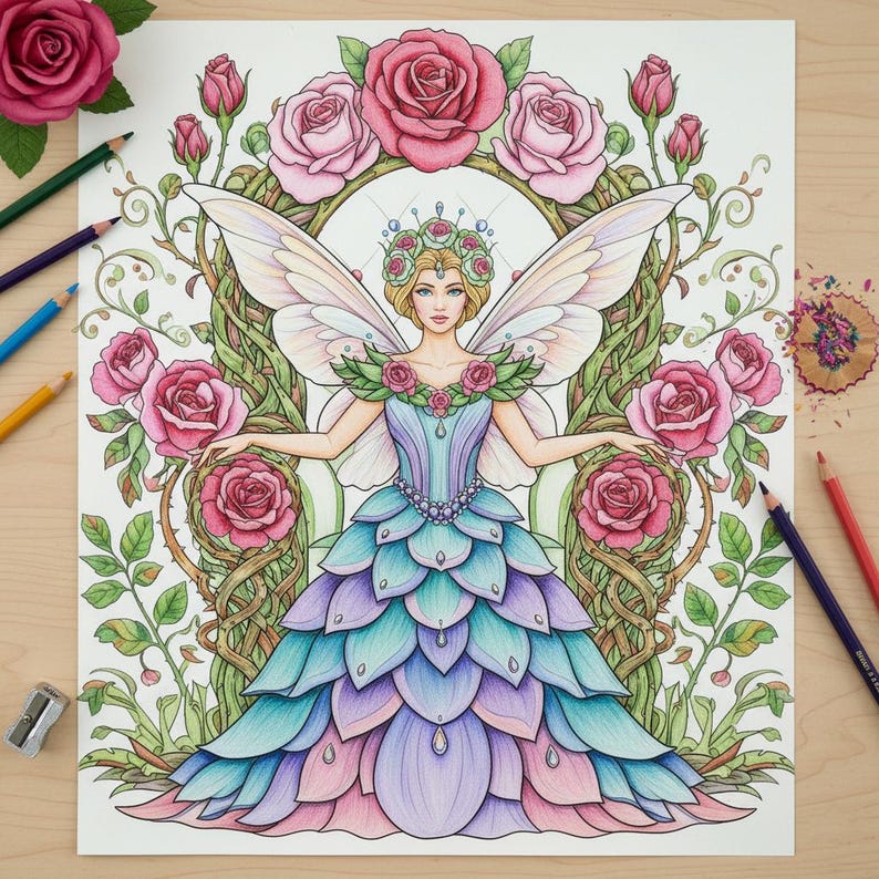 Pu&ograve; includere: Una pagina da colorare dettagliata con una fata con grandi ali, una corona floreale e un abito a forma di petalo nei toni del blu, viola e rosa. La fata &egrave; circondata da rose e viti, con pastelli e un temperamatite visibili.