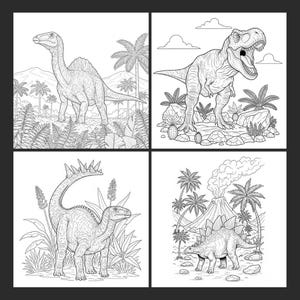 A collage of four black and white dinosaur coloring pages featuring a T-Rex, Stegosaurus, and prehistoric landscapes with a volcano. Inside page preview from the Jurassic World adventure activity book.