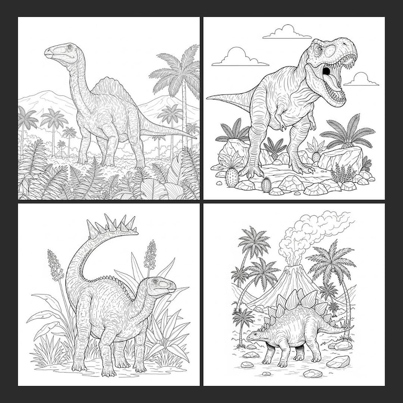 A collage of four black and white dinosaur coloring pages featuring a T-Rex, Stegosaurus, and prehistoric landscapes with a volcano. Inside page preview from the Jurassic World adventure activity book.