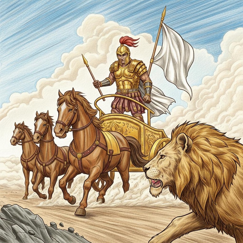 May include: An illustration shows a golden chariot drawn by four brown horses, with a warrior in golden armour holding a spear and a white flag. A roaring lion runs alongside the chariot, set against a cloudy sky.