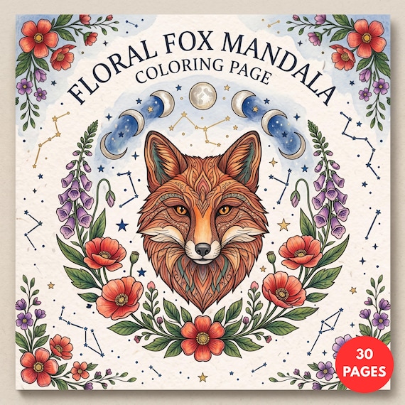 Floral Fox Mandala Coloring Pages for Adults, Woodland Animal Printable PDF, Dig