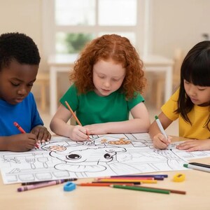 May include: Three children, each wearing a different colored t-shirt, are coloring a large black and white drawing with crayons and markers. The drawing is on a large sheet of paper on a light brown table.