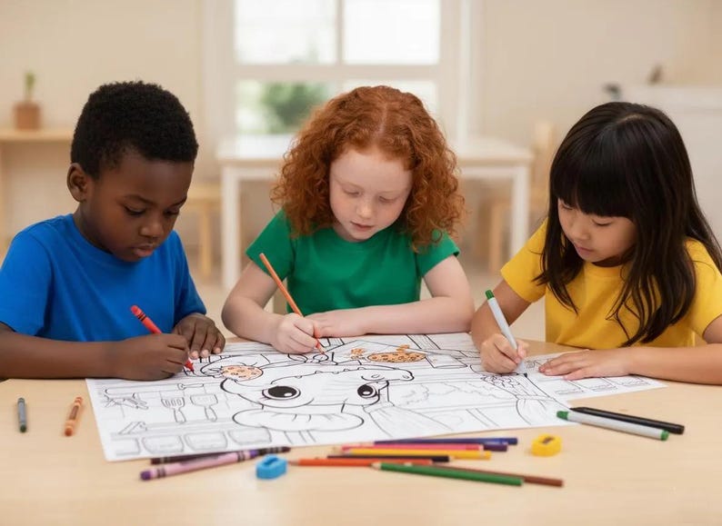 May include: Three children, each wearing a different colored t-shirt, are coloring a large black and white drawing with crayons and markers. The drawing is on a large sheet of paper on a light brown table.