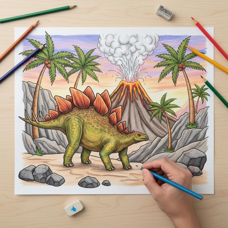 Hand coloring a vibrant Stegosaurus dinosaur, erupting volcano, and palm trees with a blue pencil. A beautifully completed prehistoric landscape from a children's dinosaur coloring book.