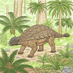 A detailed, colored illustration of an Ankylosaurus dinosaur with its armored back and club tail in a lush prehistoric jungle with palm trees. This high-quality page is featured in our 160-page Jurassic World Adventure coloring book for kids, making it a great educational gift for dino fans.