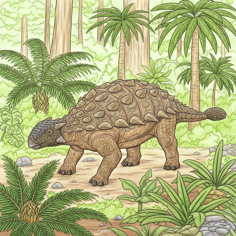 A detailed, colored illustration of an Ankylosaurus dinosaur with its armored back and club tail in a lush prehistoric jungle with palm trees. This high-quality page is featured in our 160-page Jurassic World Adventure coloring book for kids, making it a great educational gift for dino fans.
