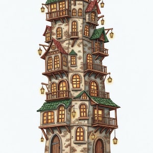 May include: A detailed illustration of a tall, whimsical tower with multiple levels. The tower features arched windows, balconies, and red and green gabled roofs. Lanterns hang from the sides, and the structure is made of stone and brick.