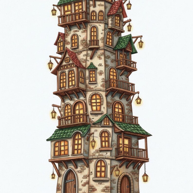 May include: A detailed illustration of a tall, whimsical tower with multiple levels. The tower features arched windows, balconies, and red and green gabled roofs. Lanterns hang from the sides, and the structure is made of stone and brick.