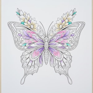 May include: A detailed butterfly illustration with intricate patterns and a vibrant color palette. The wings feature shades of pink, purple, and teal, complemented by yellow and white floral accents. The artwork is outlined in black on a white background.