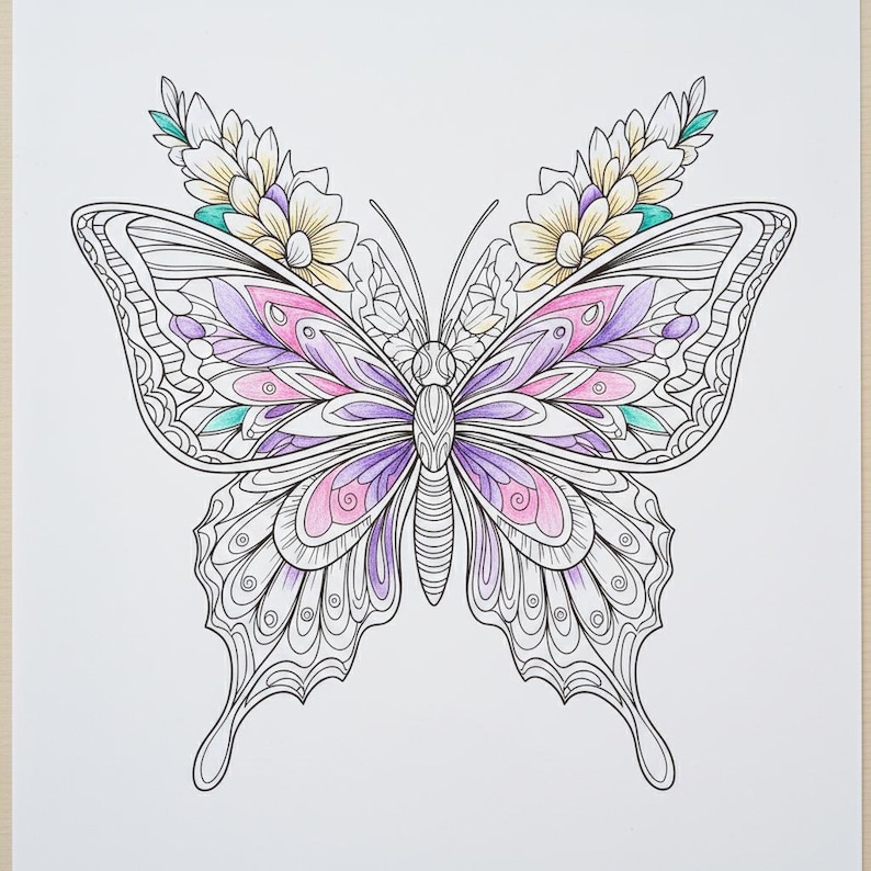 May include: A detailed butterfly illustration with intricate patterns and a vibrant color palette. The wings feature shades of pink, purple, and teal, complemented by yellow and white floral accents. The artwork is outlined in black on a white background.