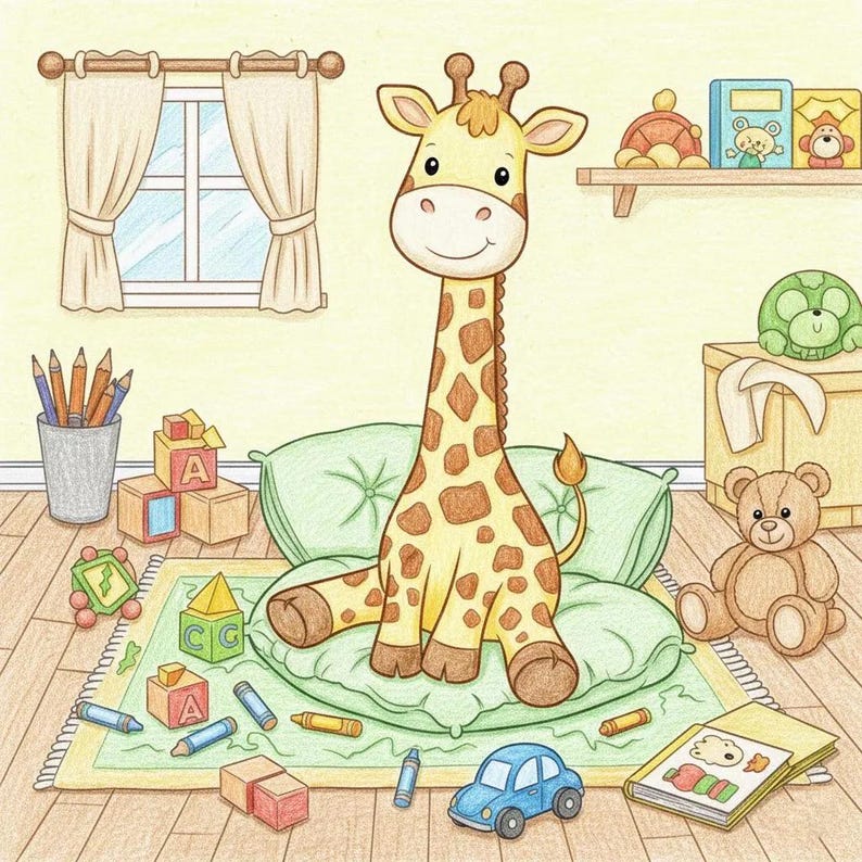 May include: A cartoon illustration of a friendly giraffe with brown spots, sitting on a green pillow. The room includes toys, crayons, a blue car, and a teddy bear. A window with curtains and a shelf with toys are also visible.