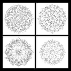 Peut inclure: Quatre motifs de mandala en noir et blanc, chacun dans un cadre carr&eacute;. Les mandalas pr&eacute;sentent des motifs floraux et g&eacute;om&eacute;triques complexes, parfaits pour le coloriage ou les projets artistiques. Les motifs sont sym&eacute;triques et d&eacute;taill&eacute;s.