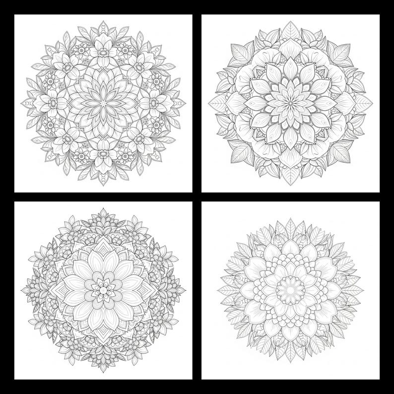 Peut inclure: Quatre motifs de mandala en noir et blanc, chacun dans un cadre carr&eacute;. Les mandalas pr&eacute;sentent des motifs floraux et g&eacute;om&eacute;triques complexes, parfaits pour le coloriage ou les projets artistiques. Les motifs sont sym&eacute;triques et d&eacute;taill&eacute;s.