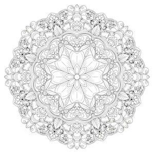 Peut inclure: Mandala noir et blanc d&eacute;taill&eacute; avec un motif floral central entour&eacute; de motifs complexes. L'&oelig;uvre sym&eacute;trique comprend des &eacute;l&eacute;ments floraux et de feuilles, cr&eacute;ant un design complexe et visuellement attrayant, id&eacute;al pour la coloration ou la d&eacute;coration.