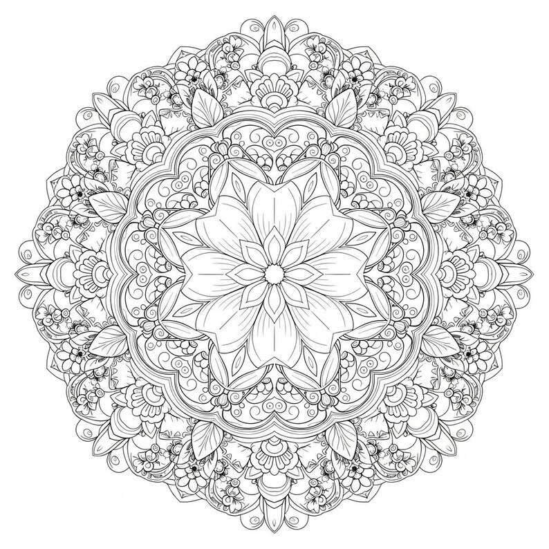 Peut inclure: Mandala noir et blanc d&eacute;taill&eacute; avec un motif floral central entour&eacute; de motifs complexes. L'&oelig;uvre sym&eacute;trique comprend des &eacute;l&eacute;ments floraux et de feuilles, cr&eacute;ant un design complexe et visuellement attrayant, id&eacute;al pour la coloration ou la d&eacute;coration.