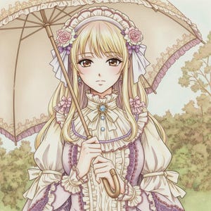 May include: Anime-style illustration of a person with long blonde hair, wearing a white and lavender dress with ruffles and lace. The person is holding a cream-colored parasol with lace trim and a wooden handle. The image has a soft, pastel color palette.