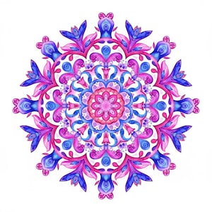 Peut inclure: Un motif de mandala sym&eacute;trique &agrave; l'aquarelle dans des tons de bleu, rose et violet. Le motif circulaire pr&eacute;sente des &eacute;l&eacute;ments floraux et tourbillonnants, avec une forme de fleur centrale et des d&eacute;tails orn&eacute;s. L'&oelig;uvre est sur fond blanc.