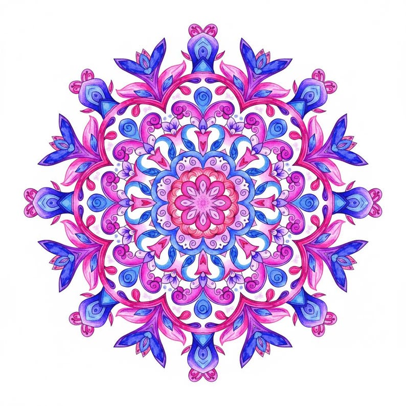 Peut inclure: Un motif de mandala sym&eacute;trique &agrave; l'aquarelle dans des tons de bleu, rose et violet. Le motif circulaire pr&eacute;sente des &eacute;l&eacute;ments floraux et tourbillonnants, avec une forme de fleur centrale et des d&eacute;tails orn&eacute;s. L'&oelig;uvre est sur fond blanc.
