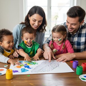 A lifestyle preview featuring a happy family engaging in a creative finger painting session using a large feather coloring page. This 60-page collection is designed for all ages, offering high-quality line art that encourages sensory play, family bonding, and artistic expression. This printable activity is perfect for stress relief, creative mindfulness, and indoor family fun, providing a high-quality educational and artistic experience.