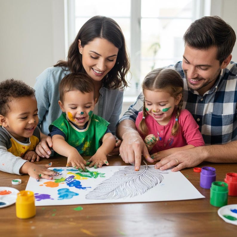 A lifestyle preview featuring a happy family engaging in a creative finger painting session using a large feather coloring page. This 60-page collection is designed for all ages, offering high-quality line art that encourages sensory play, family bonding, and artistic expression. This printable activity is perfect for stress relief, creative mindfulness, and indoor family fun, providing a high-quality educational and artistic experience.