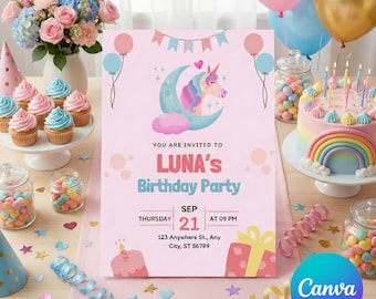 Unicorn Birthday Invitation | Editable Canva Template (Digital Download)