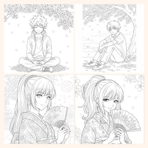 May include: Four-panel illustration featuring anime-style characters. Two panels depict figures under cherry blossom trees, one meditating and the other sitting. The other two panels show women in kimonos holding fans, with detailed floral patterns.