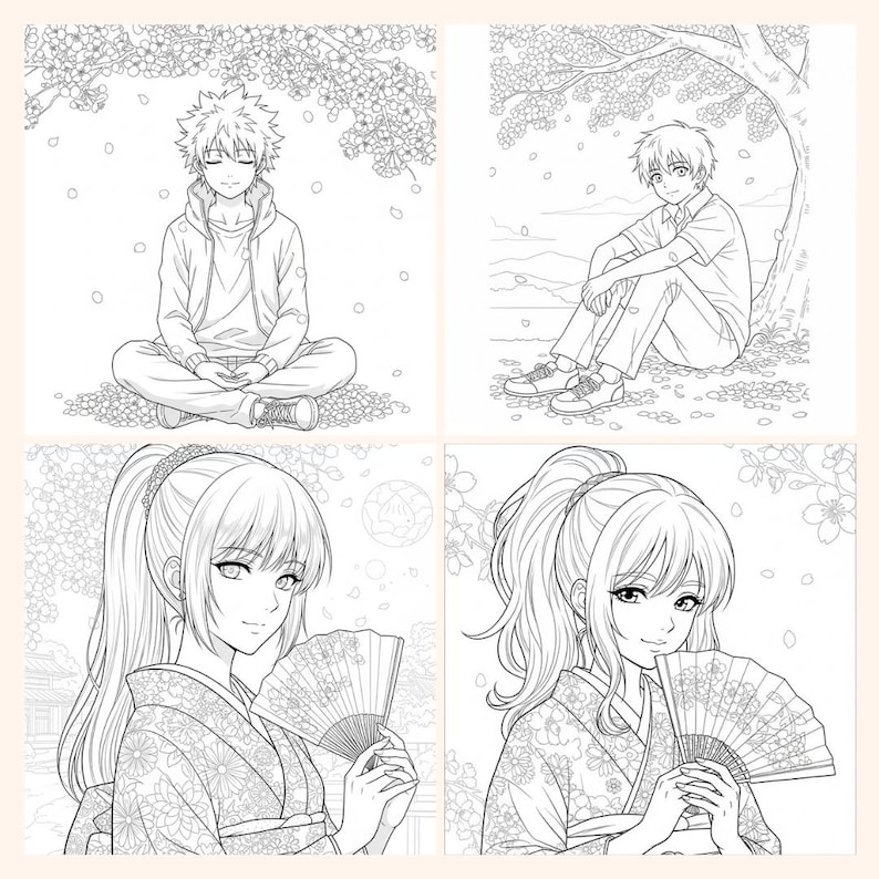 May include: Four-panel illustration featuring anime-style characters. Two panels depict figures under cherry blossom trees, one meditating and the other sitting. The other two panels show women in kimonos holding fans, with detailed floral patterns.