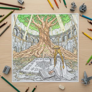 May include: A detailed coloring book page featuring a fantasy scene with a large tree, stone ruins, and a figure with long blonde braids reading a book. Colored pencils and miniature figurines surround the page on a wooden surface.