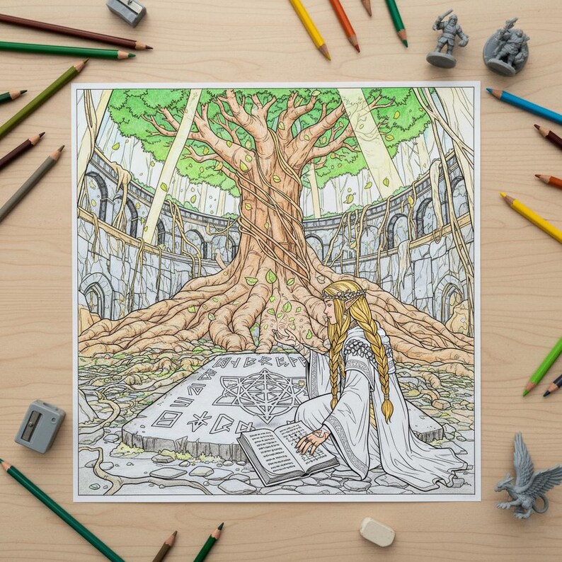 May include: A detailed coloring book page featuring a fantasy scene with a large tree, stone ruins, and a figure with long blonde braids reading a book. Colored pencils and miniature figurines surround the page on a wooden surface.