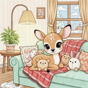 May include: A cartoon illustration of a deer with large eyes, lying on a mint green couch with a red plaid blanket. Several stuffed animals, including teddy bears and a bunny, are arranged around the deer. A cozy indoor scene with a window and lamp.