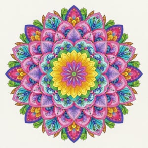 Peut inclure: Un mandala sym&eacute;trique aux couleurs vives, avec une fleur jaune centrale entour&eacute;e de p&eacute;tales roses, violets, bleus et verts. Le motif complexe et color&eacute; est une &oelig;uvre d'art visuellement attrayante.