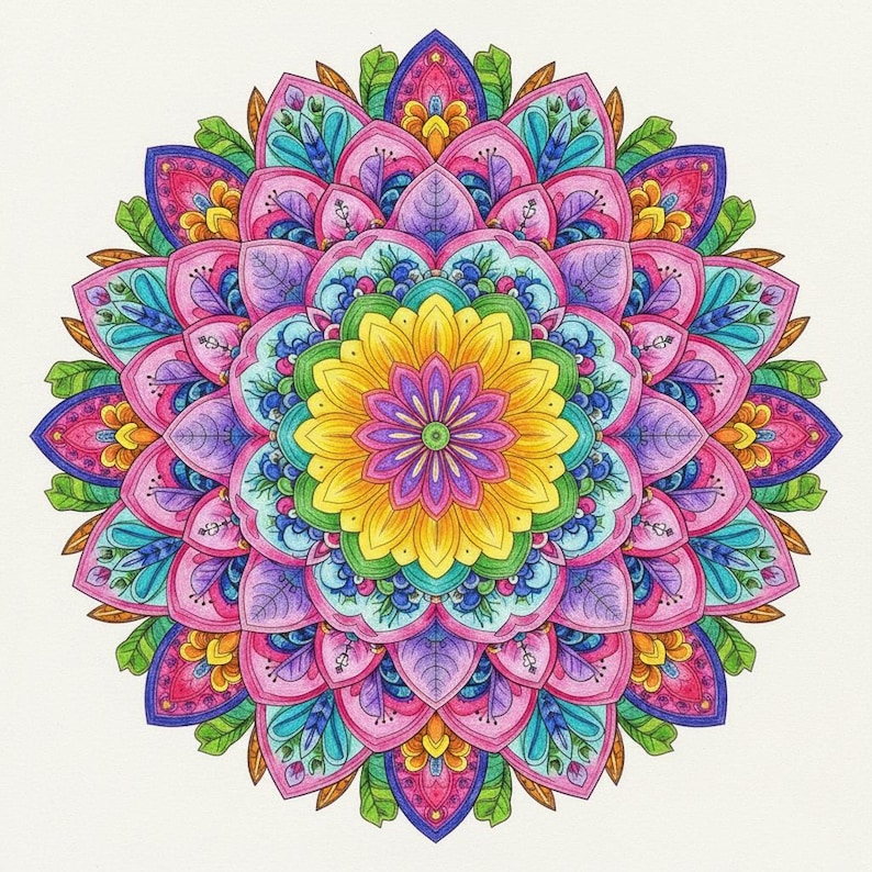 Peut inclure: Un mandala sym&eacute;trique aux couleurs vives, avec une fleur jaune centrale entour&eacute;e de p&eacute;tales roses, violets, bleus et verts. Le motif complexe et color&eacute; est une &oelig;uvre d'art visuellement attrayante.