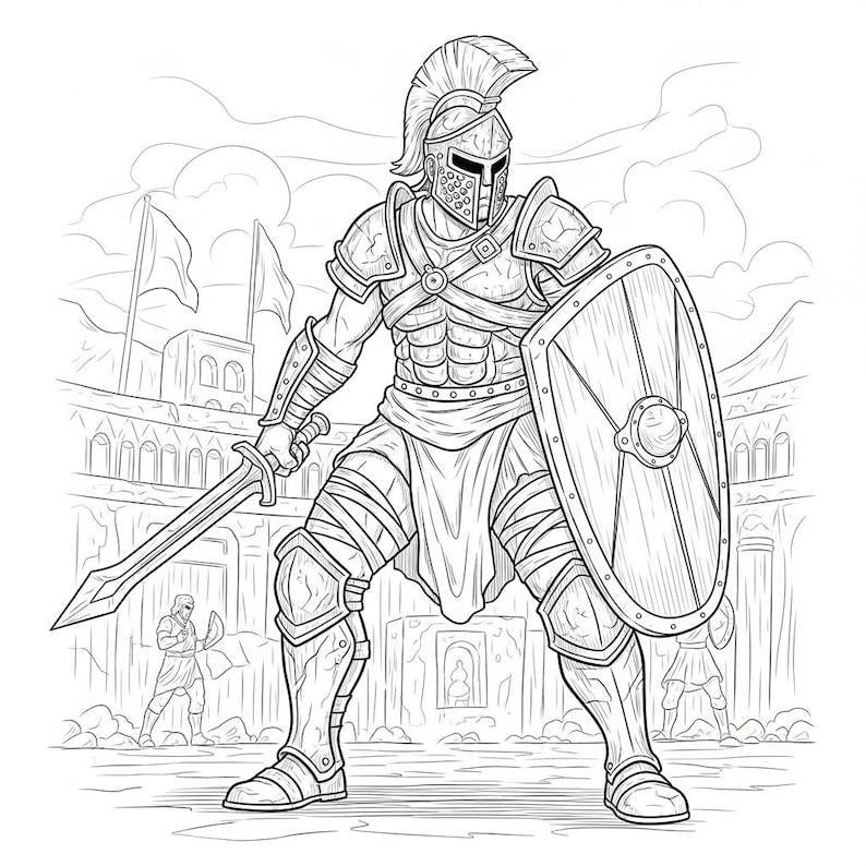 May include: Detailed line art illustration of a gladiator in full armour, holding a sword and shield. The gladiator is in a fighting stance, with a helmet and detailed armour. The background shows an arena.