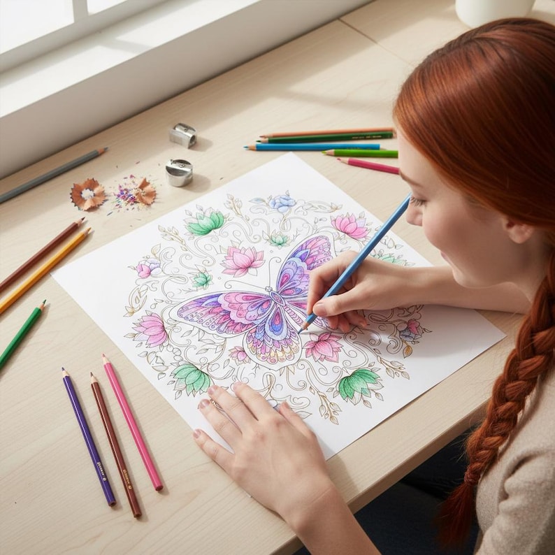 May include: A person coloring a butterfly design with colored pencils. The butterfly is outlined in black and filled with shades of pink, purple, and blue. Several colored pencils and pencil sharpeners are on the wooden surface.