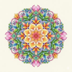 Peut inclure: Un motif de mandala d&eacute;taill&eacute; et color&eacute;, pr&eacute;sentant un motif floral sym&eacute;trique. L'&oelig;uvre d'art pr&eacute;sente une palette vibrante de teintes roses, jaunes, oranges, vertes et bleues, cr&eacute;ant une composition visuellement attrayante et complexe. Le motif est centr&eacute; sur un fond cr&egrave;me.