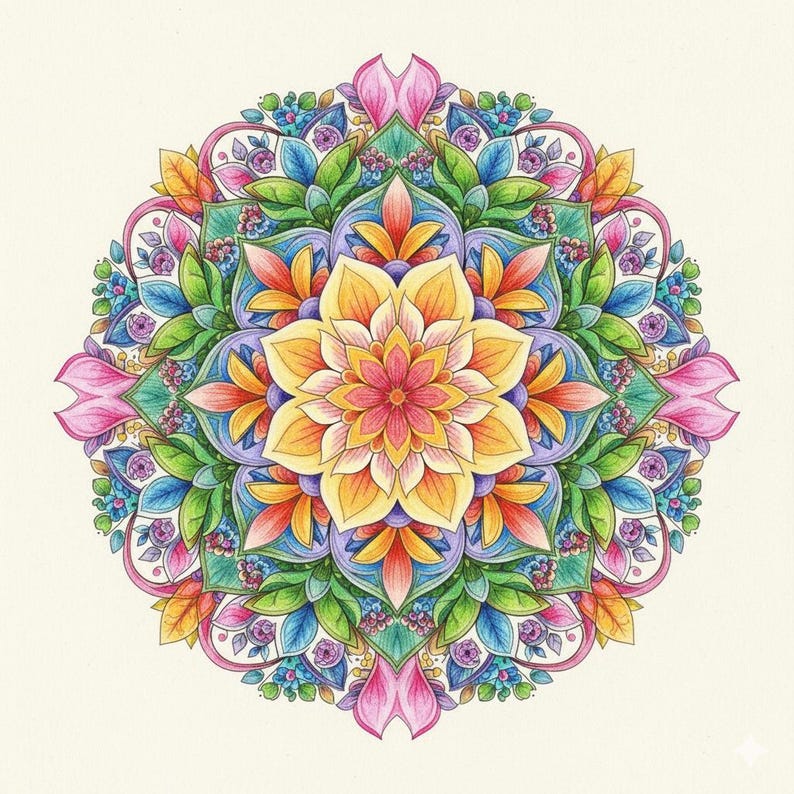 Peut inclure: Un motif de mandala d&eacute;taill&eacute; et color&eacute;, pr&eacute;sentant un motif floral sym&eacute;trique. L'&oelig;uvre d'art pr&eacute;sente une palette vibrante de teintes roses, jaunes, oranges, vertes et bleues, cr&eacute;ant une composition visuellement attrayante et complexe. Le motif est centr&eacute; sur un fond cr&egrave;me.