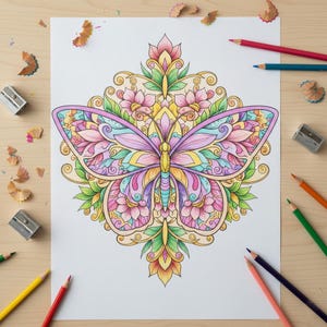 May include: A detailed butterfly coloring page with a symmetrical design, featuring a variety of colors including pink, purple, yellow, and green. Colored pencils and sharpeners surround the page, suggesting a creative activity.