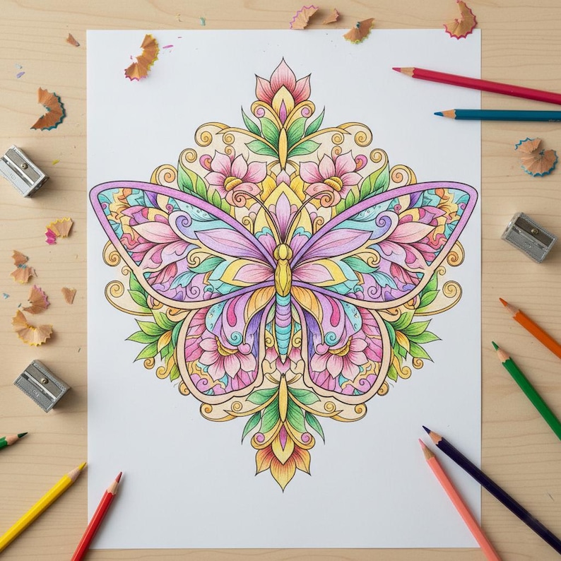 May include: A detailed butterfly coloring page with a symmetrical design, featuring a variety of colors including pink, purple, yellow, and green. Colored pencils and sharpeners surround the page, suggesting a creative activity.