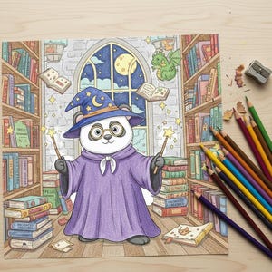 May include: A colorful illustration of a panda dressed as a wizard, holding wands with star-shaped tips. The panda wears a purple robe and a blue wizard hat with a crescent moon and stars. The background features bookshelves, a window with a moon, and a green dragon.