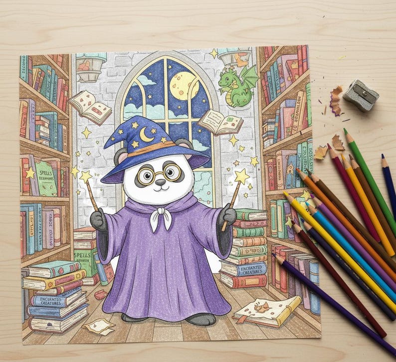 May include: A colorful illustration of a panda dressed as a wizard, holding wands with star-shaped tips. The panda wears a purple robe and a blue wizard hat with a crescent moon and stars. The background features bookshelves, a window with a moon, and a green dragon.