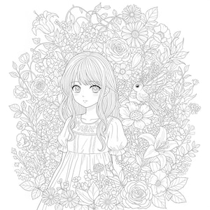 May include: Line art illustration of a young person with long hair and a dress, surrounded by flowers and a bird. The image is in black and white, suitable for coloring.